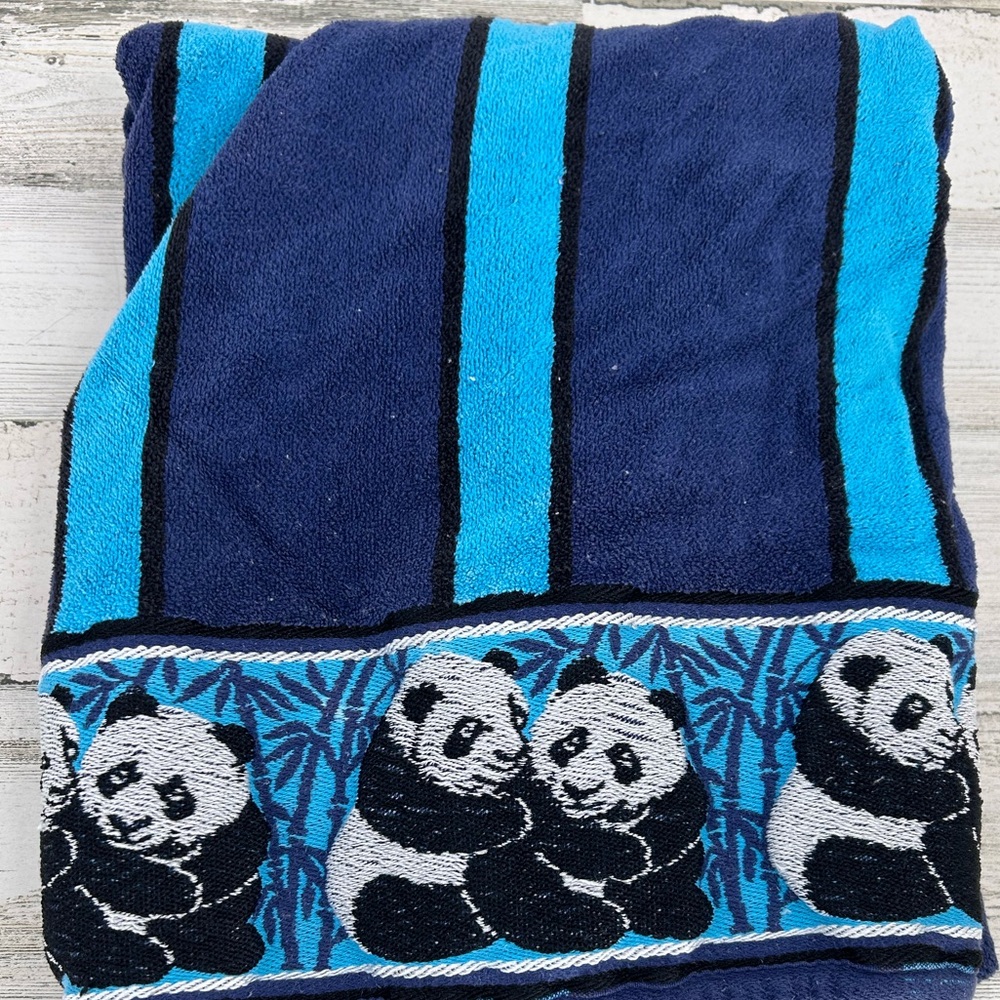 Vintage Panda Embroidered Beach Towel Blue Stripped Cotton